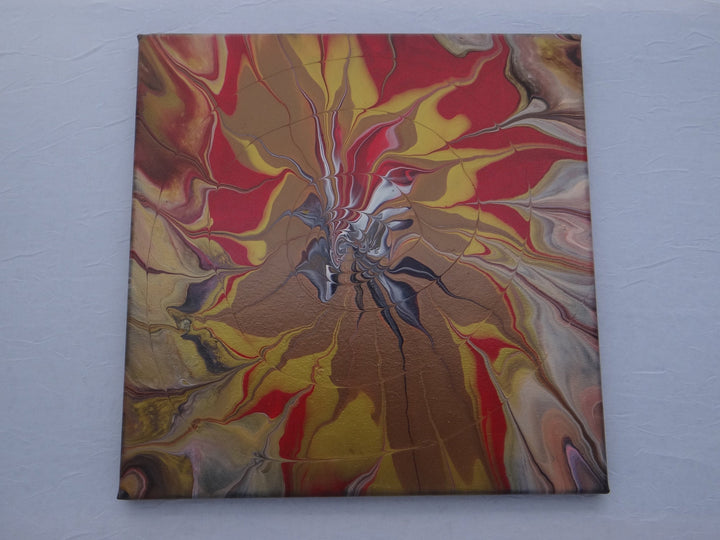 Abstract 12"x12" acrylic pour painting with bold fluid metallic hues, sealed and ready to display.