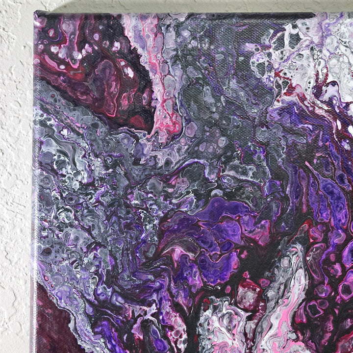 Upper left section of Explosion painting highlighting swirling violet and deep black contrasts.
