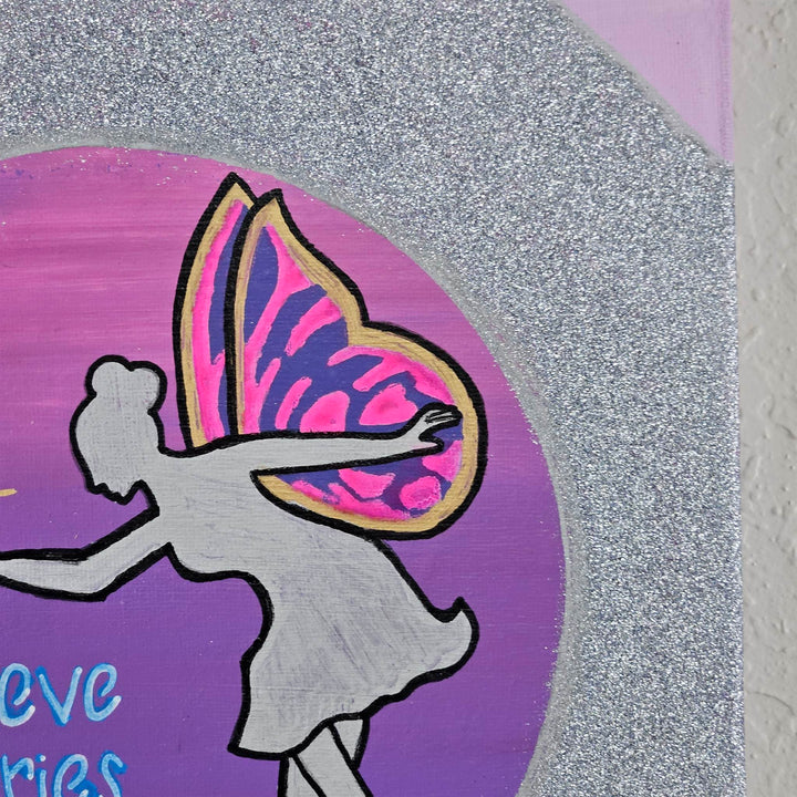 Close-up of the fairy's vibrant butterfly wings in the Fairies & Unicorns acrylic painting, showcasing hand-painted details and shimmer.