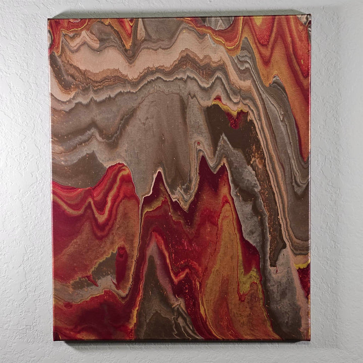 Rose Gold – 16x20 Acrylic Pour Canvas Painting featuring metallic rose gold, pink, red, and bright gold swirls on a stretched canvas.