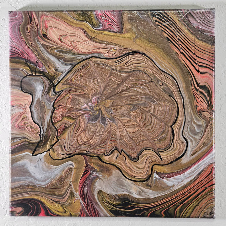 Snail – 12x12 Acrylic Pour Canvas Painting featuring a swirling abstract design in iridescent gold, bronze, and black.