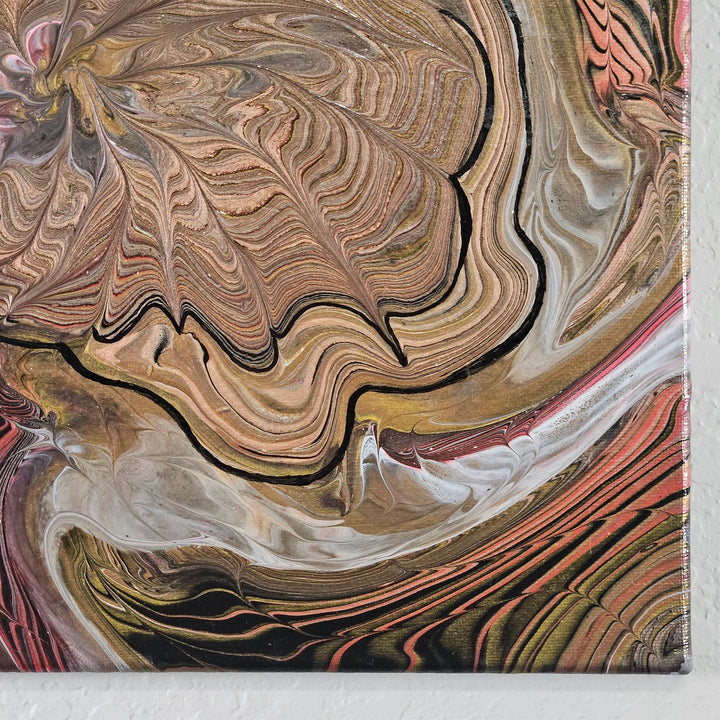 Lower left portion of Snail acrylic painting featuring soft blended hues of bronze, gold, and red.