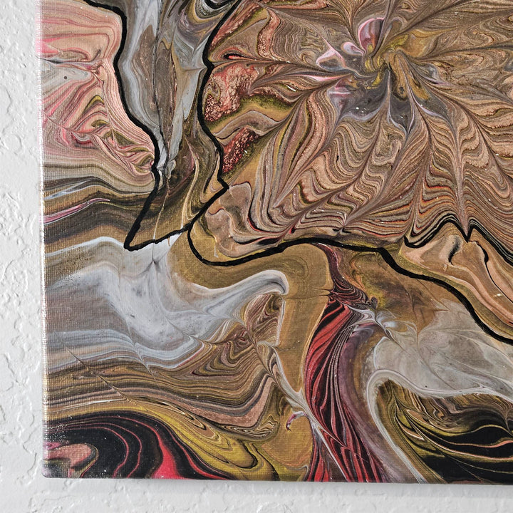 Lower right corner of Snail painting displaying swirling fluid textures in warm earthy colors.