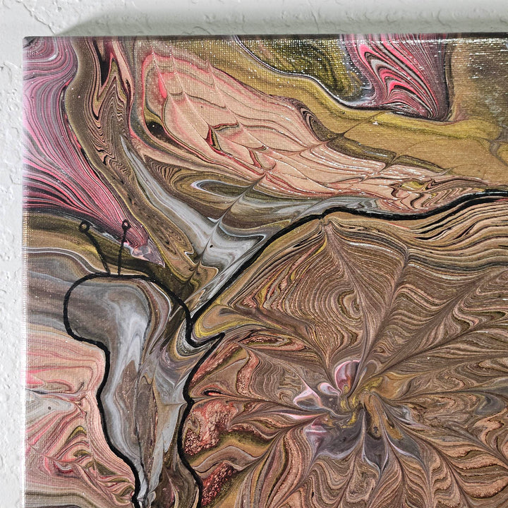 Upper left section of Snail painting showcasing detailed wreck-a-ring technique and organic abstract design.
