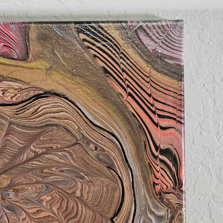 Upper right corner of Snail acrylic pour painting with fine details and shimmering metallic tones.