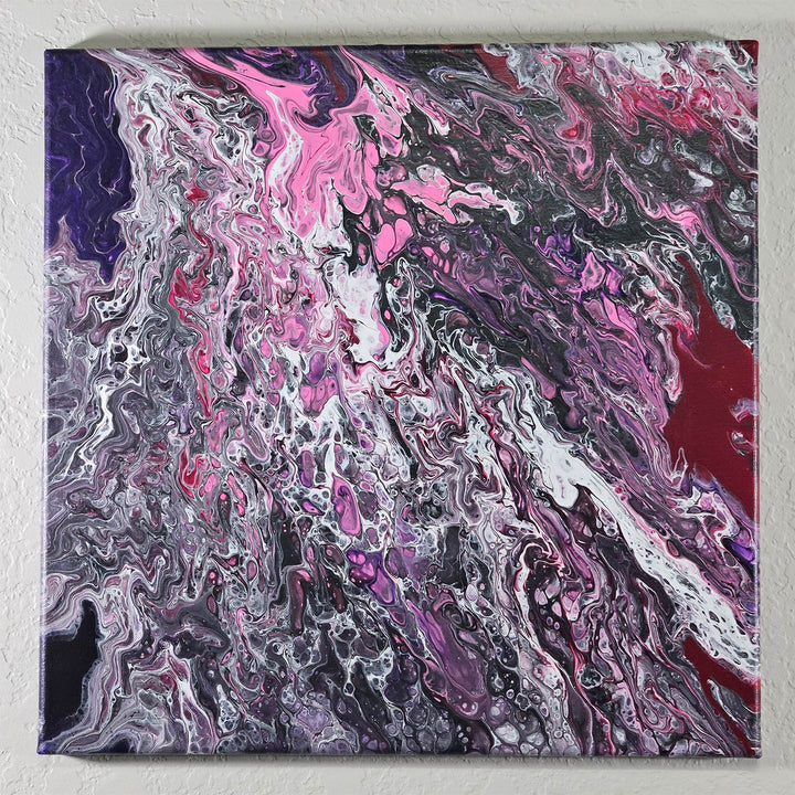 Swirly Cells – 14x14 Acrylic Pour Canvas Painting featuring intricate cell formations in black, white, pink, and purple hues.