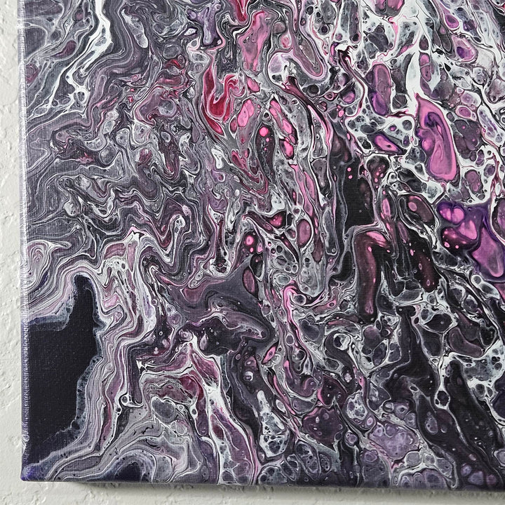 Lower left portion of Swirly Cells painting with bold fluid formations and a mix of vibrant purple and soft pink tones.